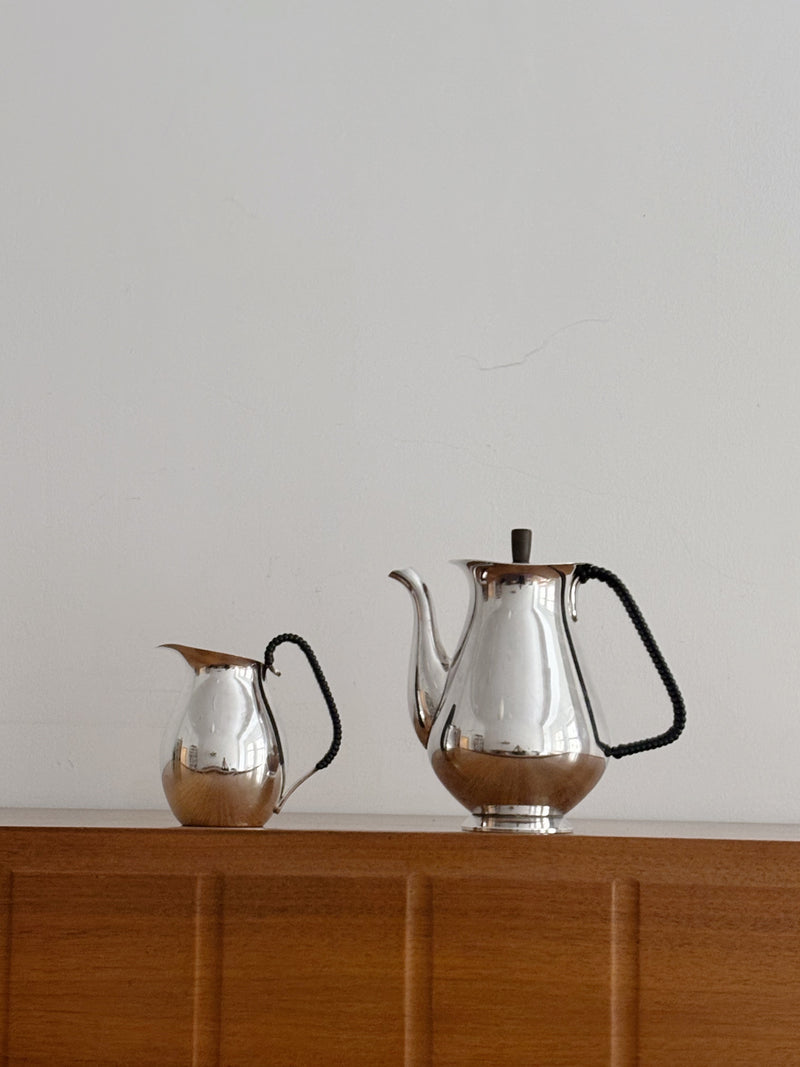 Danish Silver Plated Coffee Set, 2-Piece (c. late 1950s–early 1960s) — close-up of polished silver on wooden surface