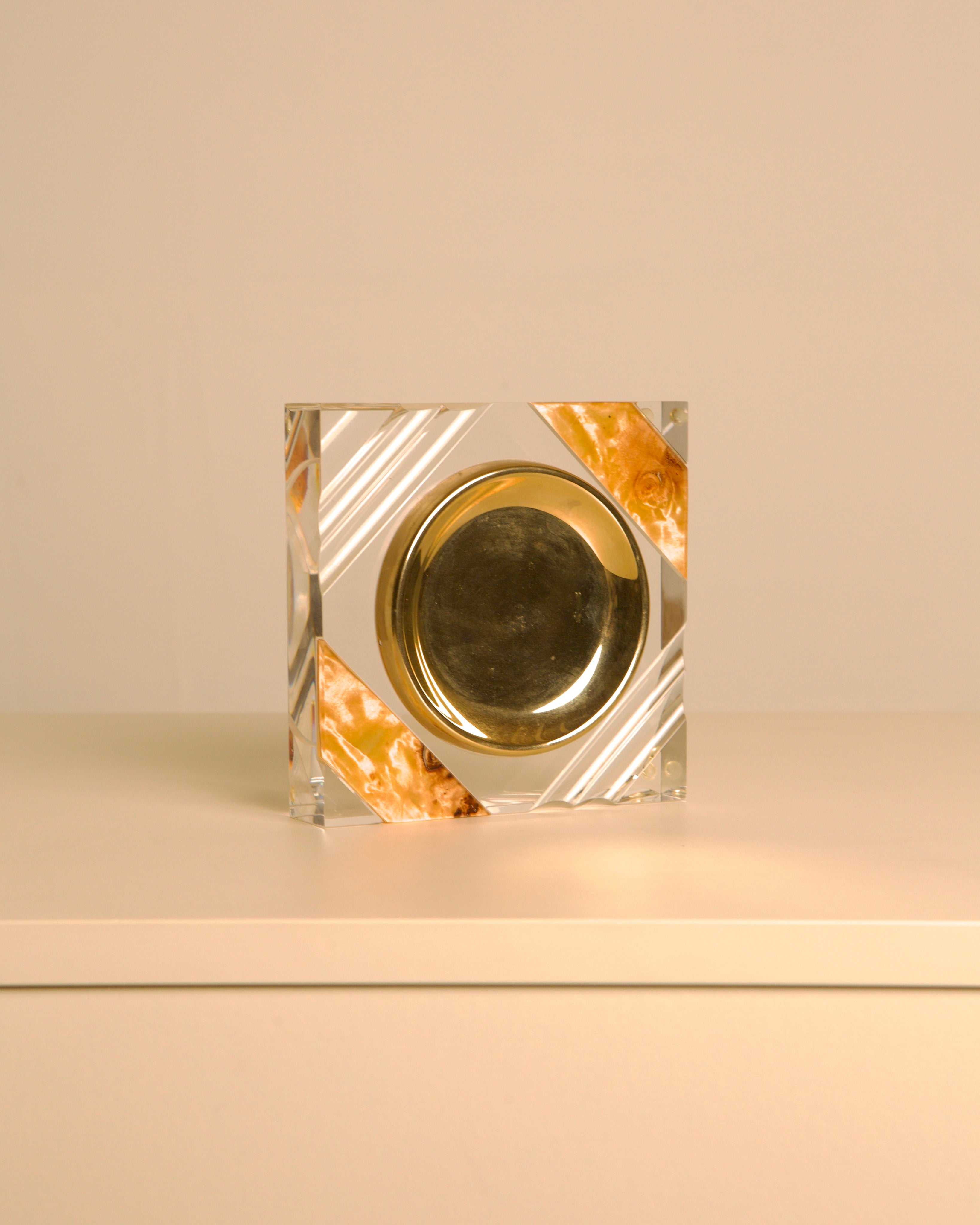 Italian Square Lucite and Brass Vide-Poche / Ashtray, 1970s — close-up
