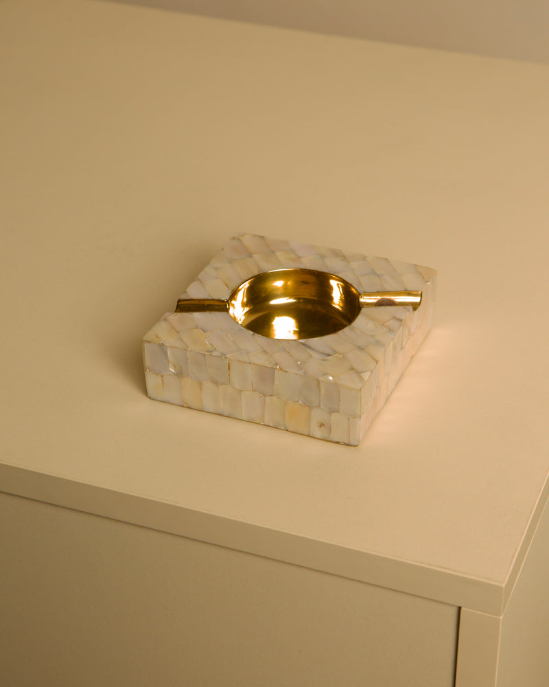 Art Deco Ashtray in Mother-of-pearl and Brass, 1930s — close-up of mother-of-pearl surface on light console