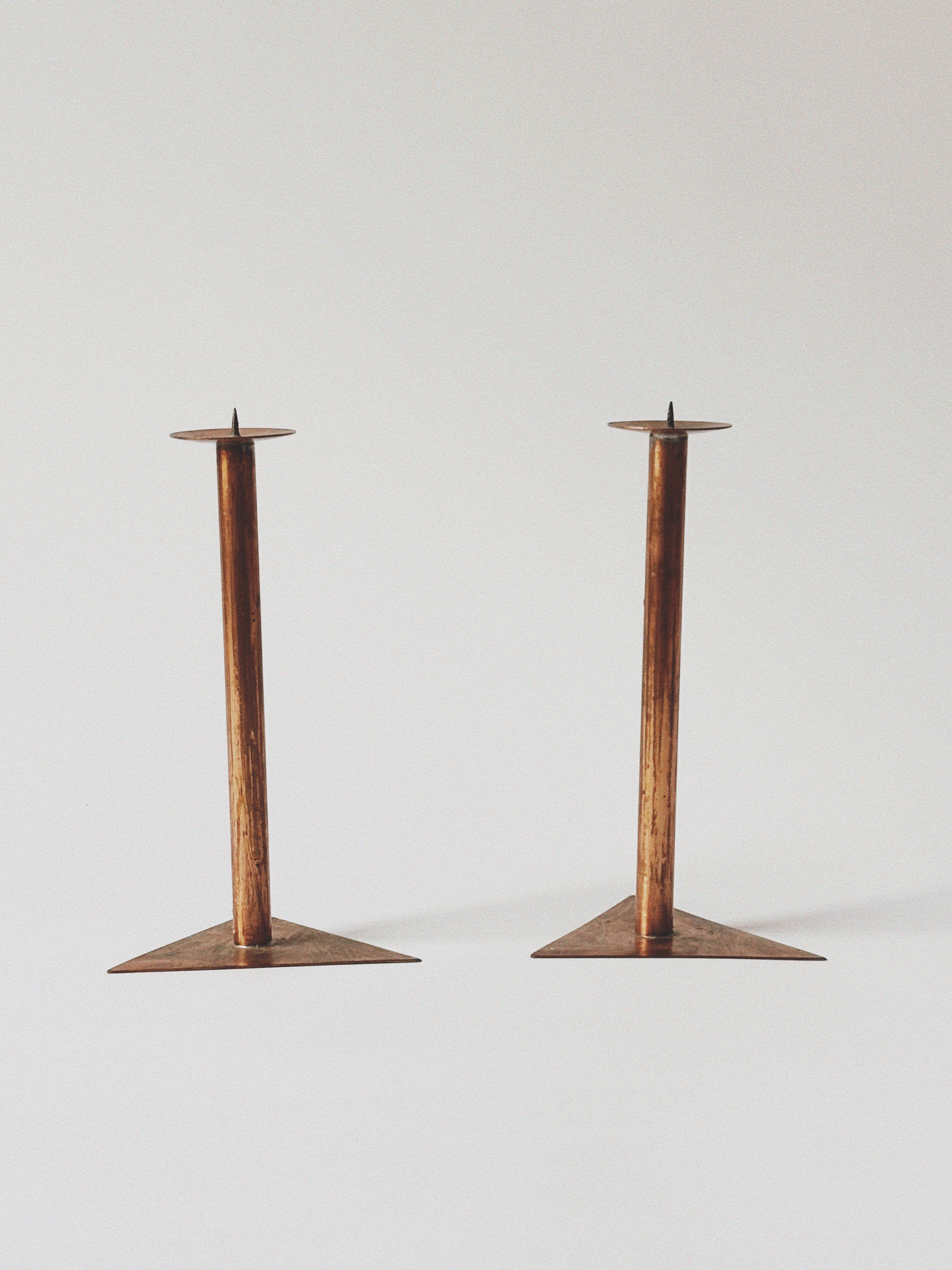2 Copper Postmodern Candlesticks — back view showing triangular bases