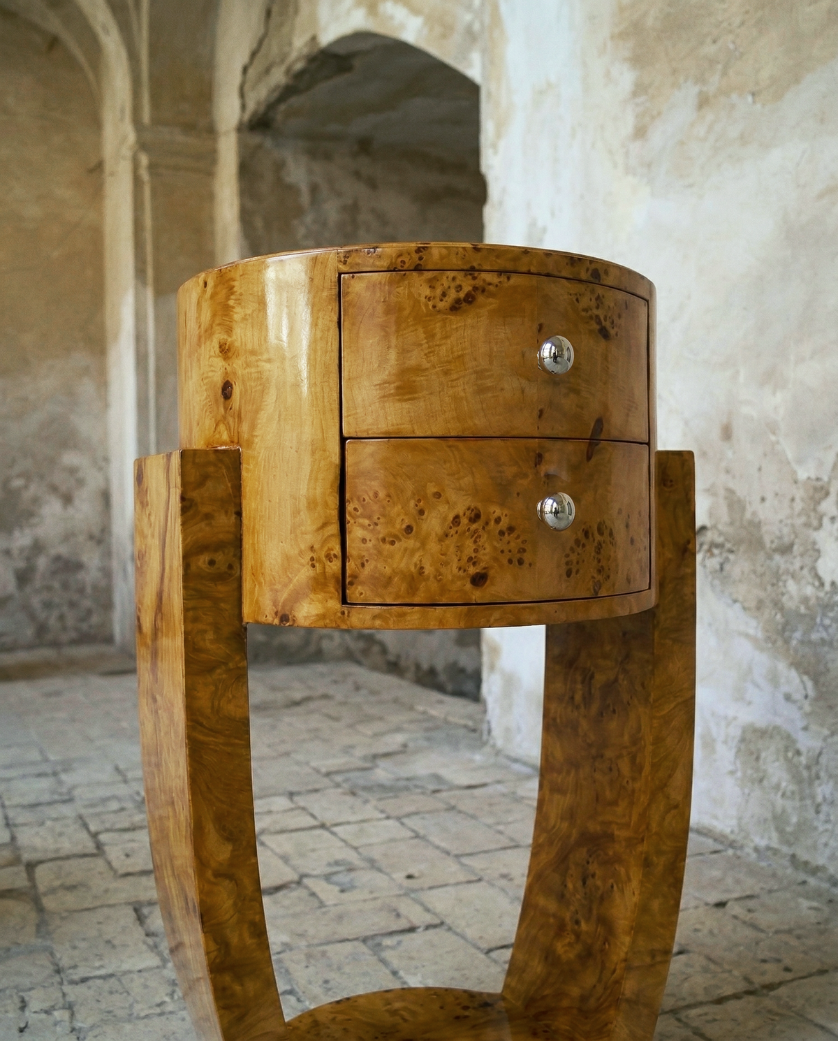 'Guillemets' Olive Burl Wood Bedside Table — in context