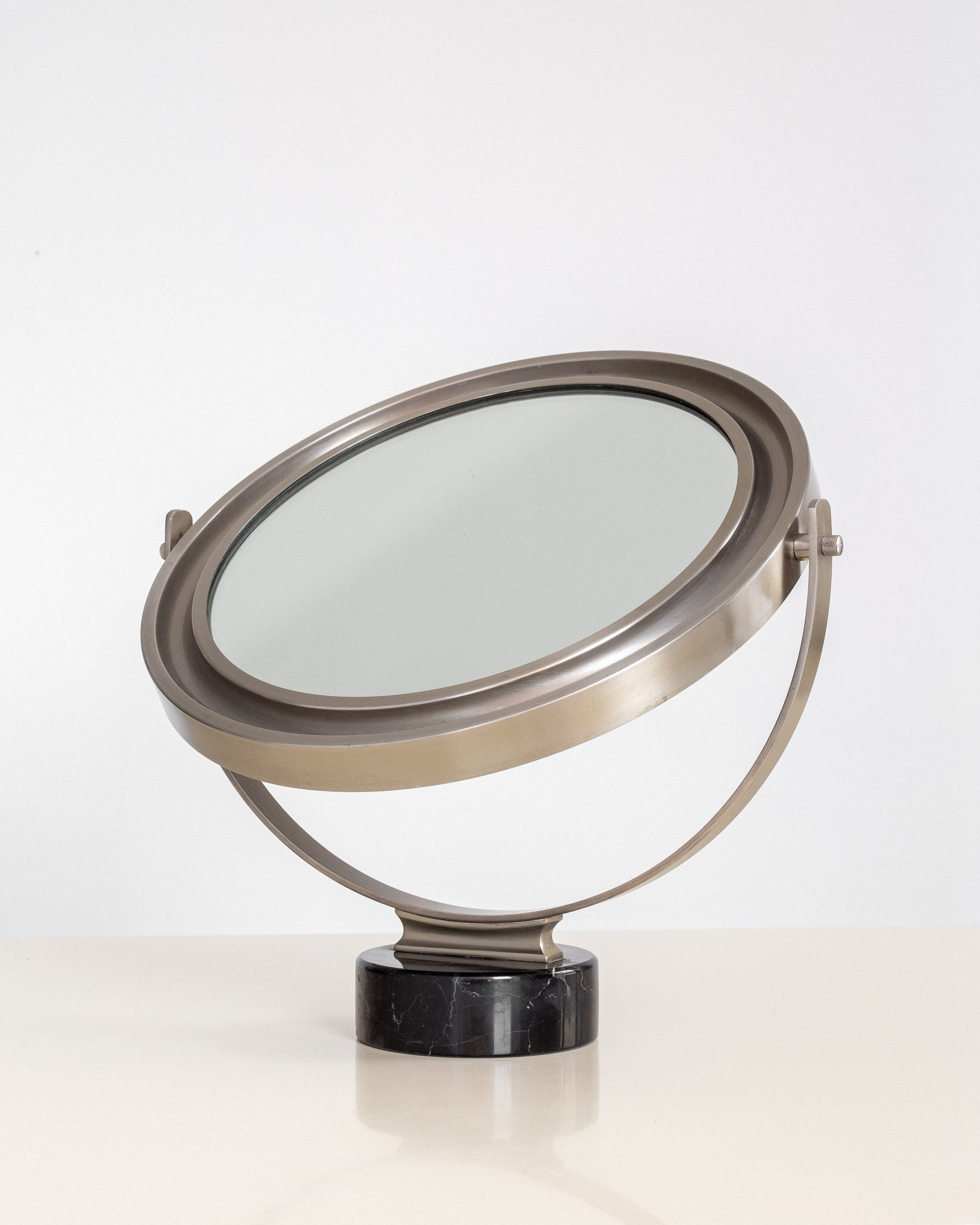 Narciso' Table Mirror by Sergio Mazza for Artemide, 1970s, Italy — side angle showing metal frame and marble base