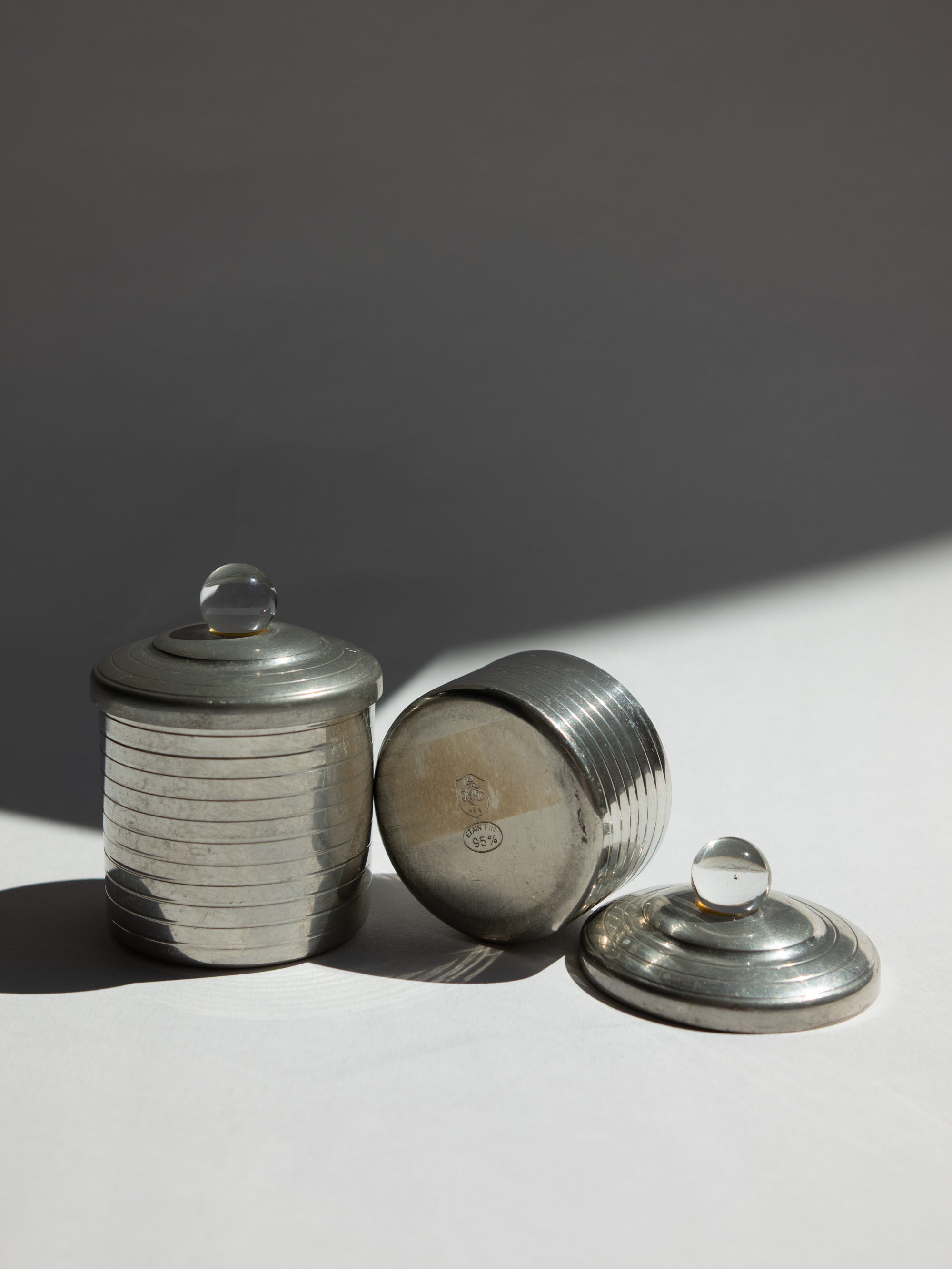 Pair of French Art Deco Pewter Vanity Pots with Glass Orb Finials, c. 1930s — lifestyle setting