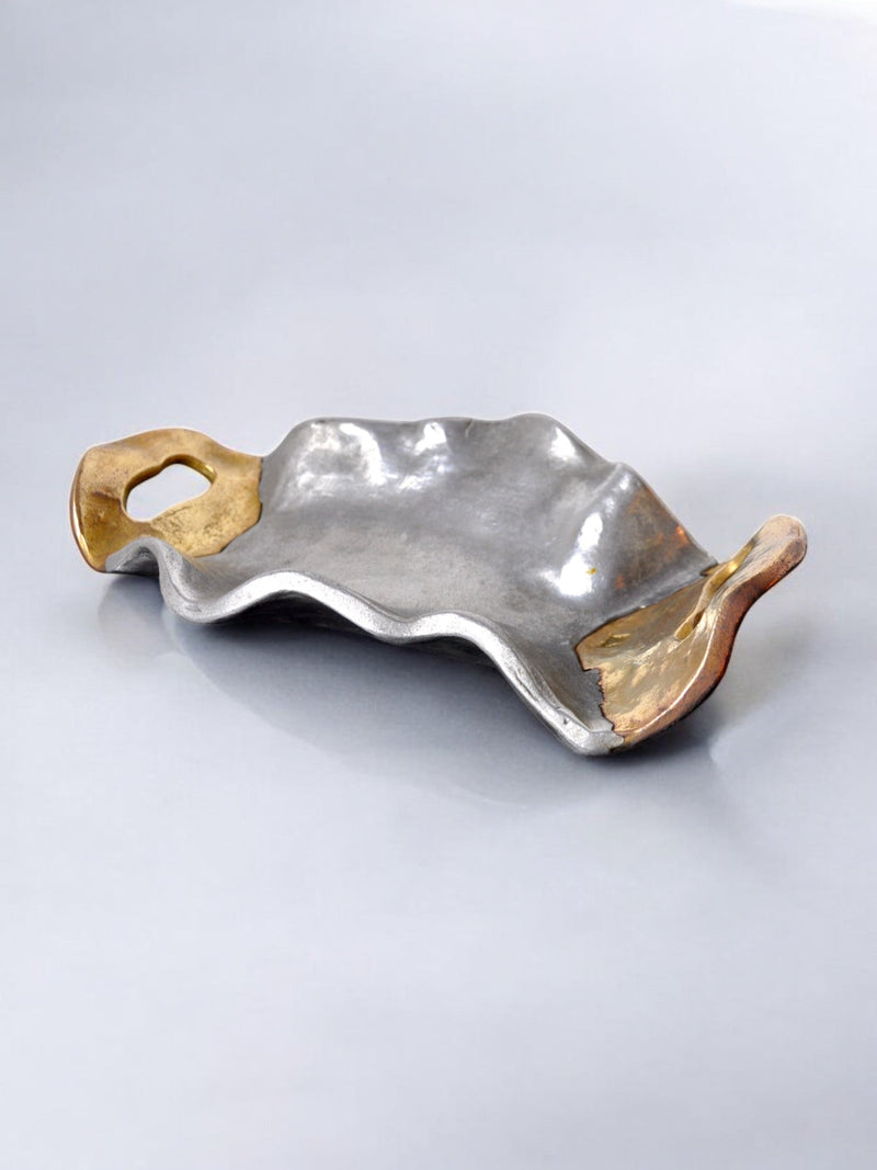 Empty Brutalist Vide-poches by Art3, 1980, Spain — close-up of metallic surface with gold accents