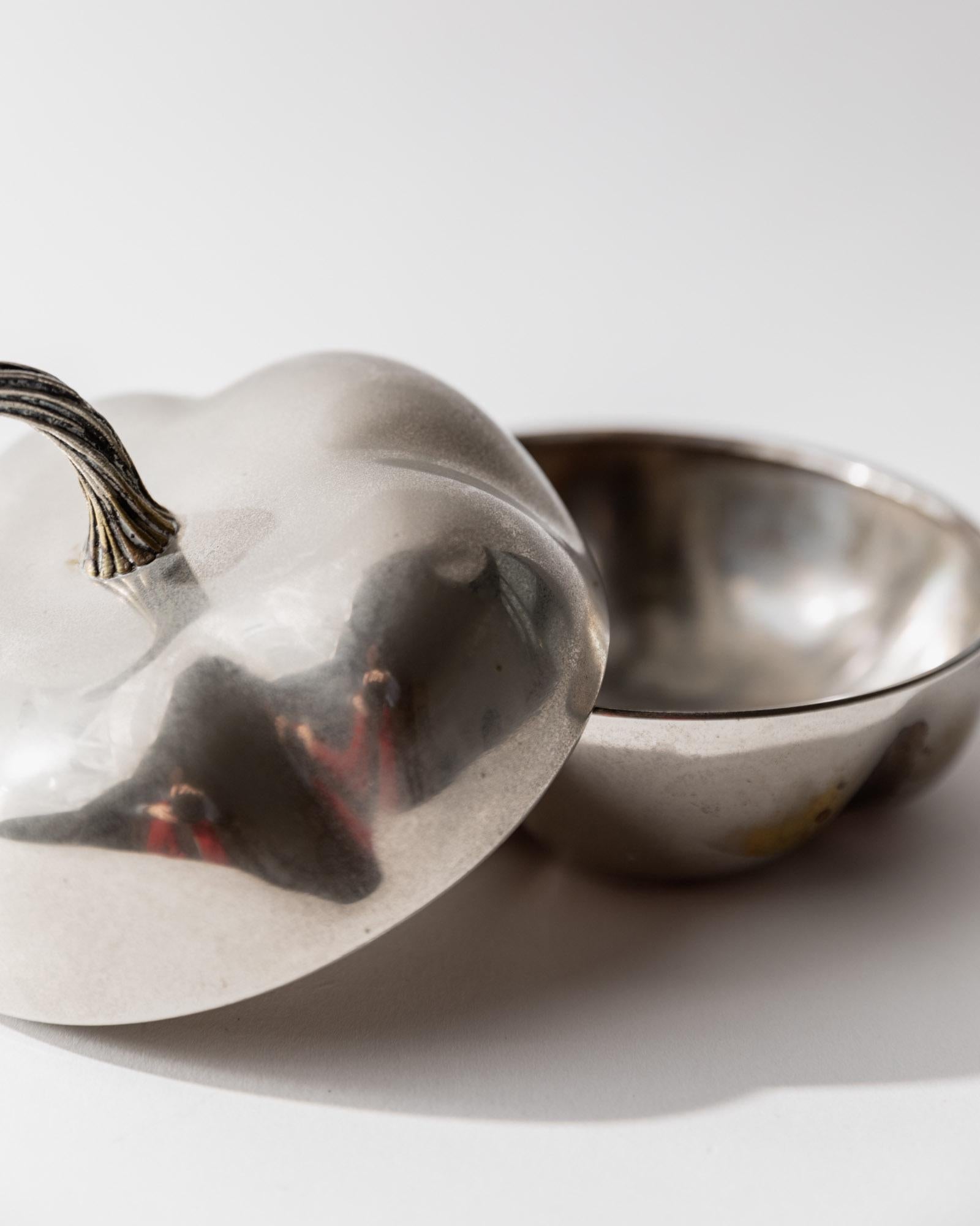 1970s Silver Plated Pumpkin Box — angled view showing shiny silver finish