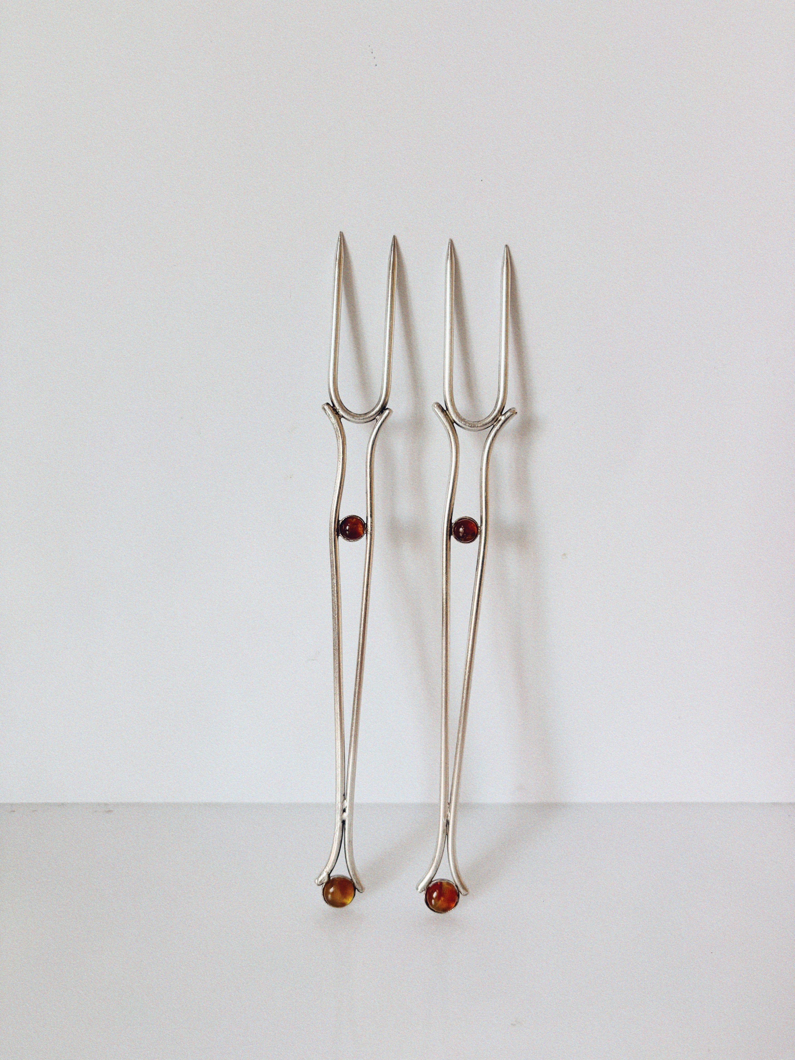 Silver Plated Serving Forks With Amber Inlay, Poland — back view highlighting amber inlays