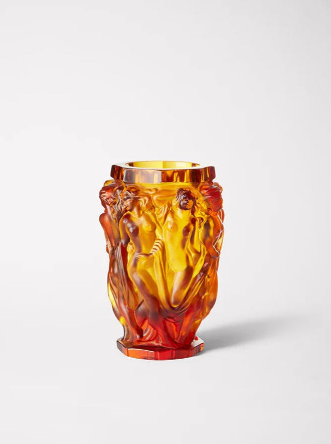 Michael Vase — top view of amber glass with sculpted figures