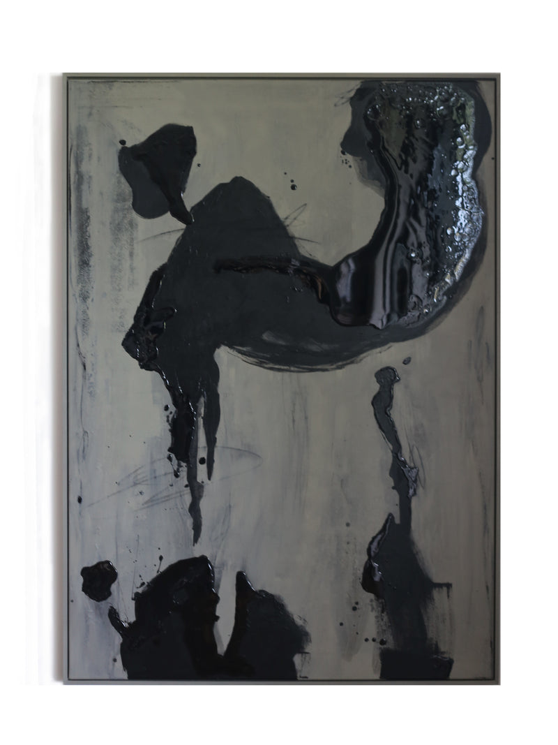 Black Drift - Painting by STUDIOPOLS features glossy, black irregular shapes in acrylic paint splattered and flowing over a smooth gray background, evoking ink spills or organic forms. The artwork comes elegantly framed.