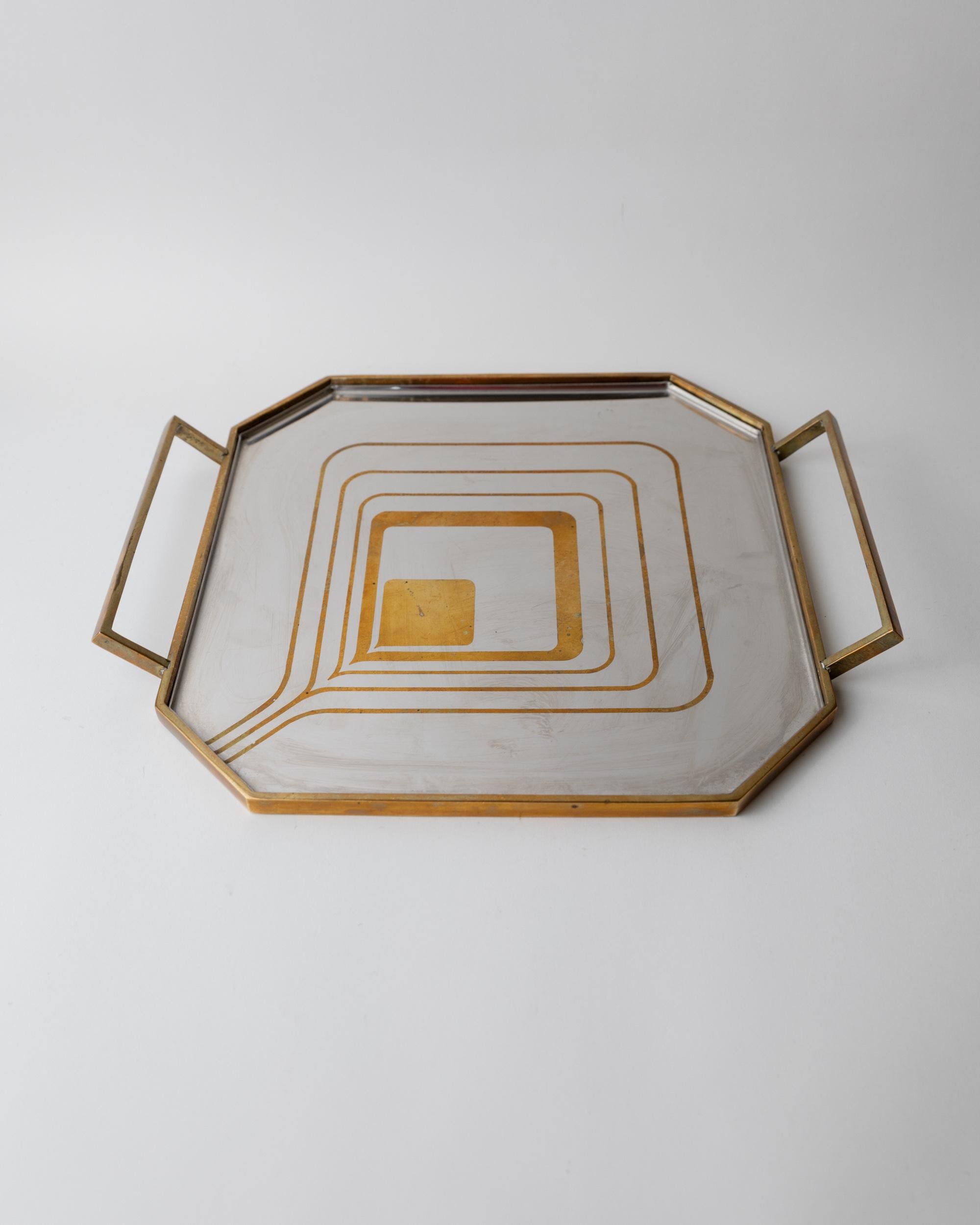Vintage 1970s Octagonal Stainless Steel Tray, Brass Rim with Mid Century Pattern Design, Polished Serving Tray, Elegant Barware, Gift Idea — alternate view