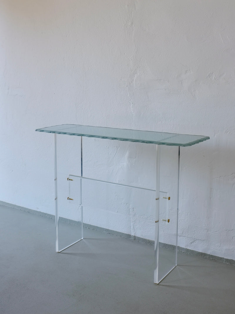 Sculptural glass top console table with white metal frame 1980s