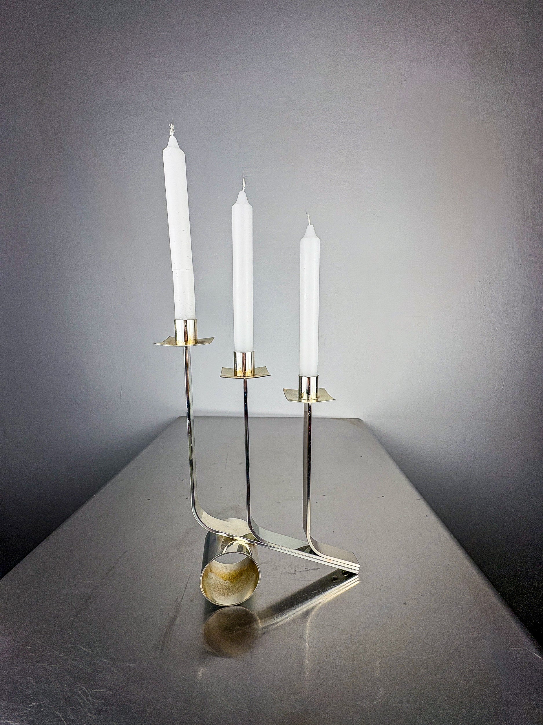 Art Deco 3-Flame Candelabra in Stainless Steel, France — detail view