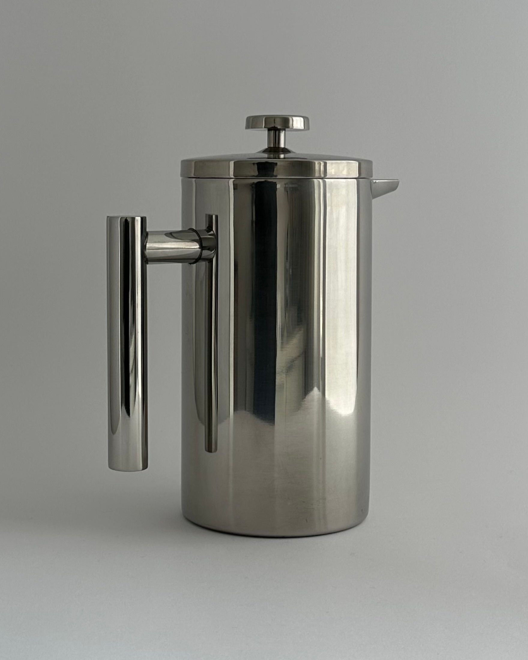 HEDONISM' stainless steel french press — side angle with polished finish