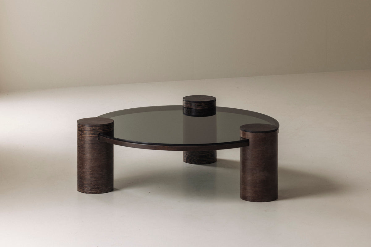 Sculptural Brutalist Wengé and Smoked Glass Round Coffee Table, 1970s — alternate view