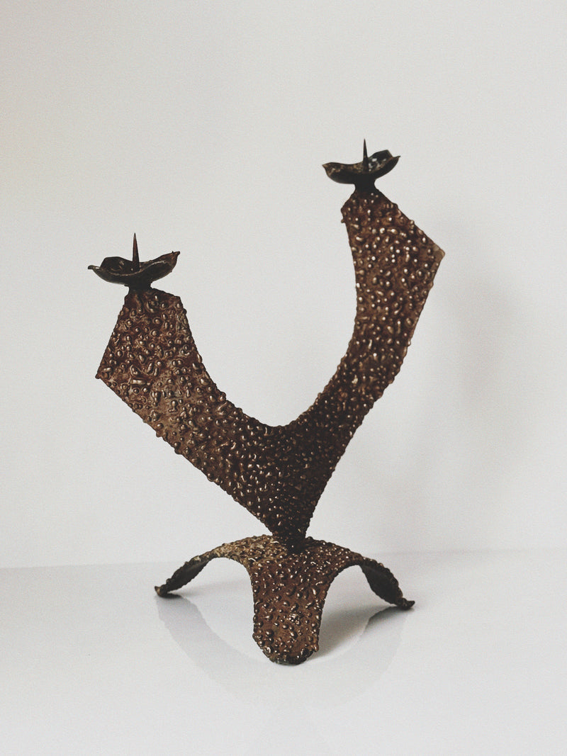 Brutalist 2 Arm Sculptural Metal Candlestick, Poland Mid Century  by Huerto | The Oblist