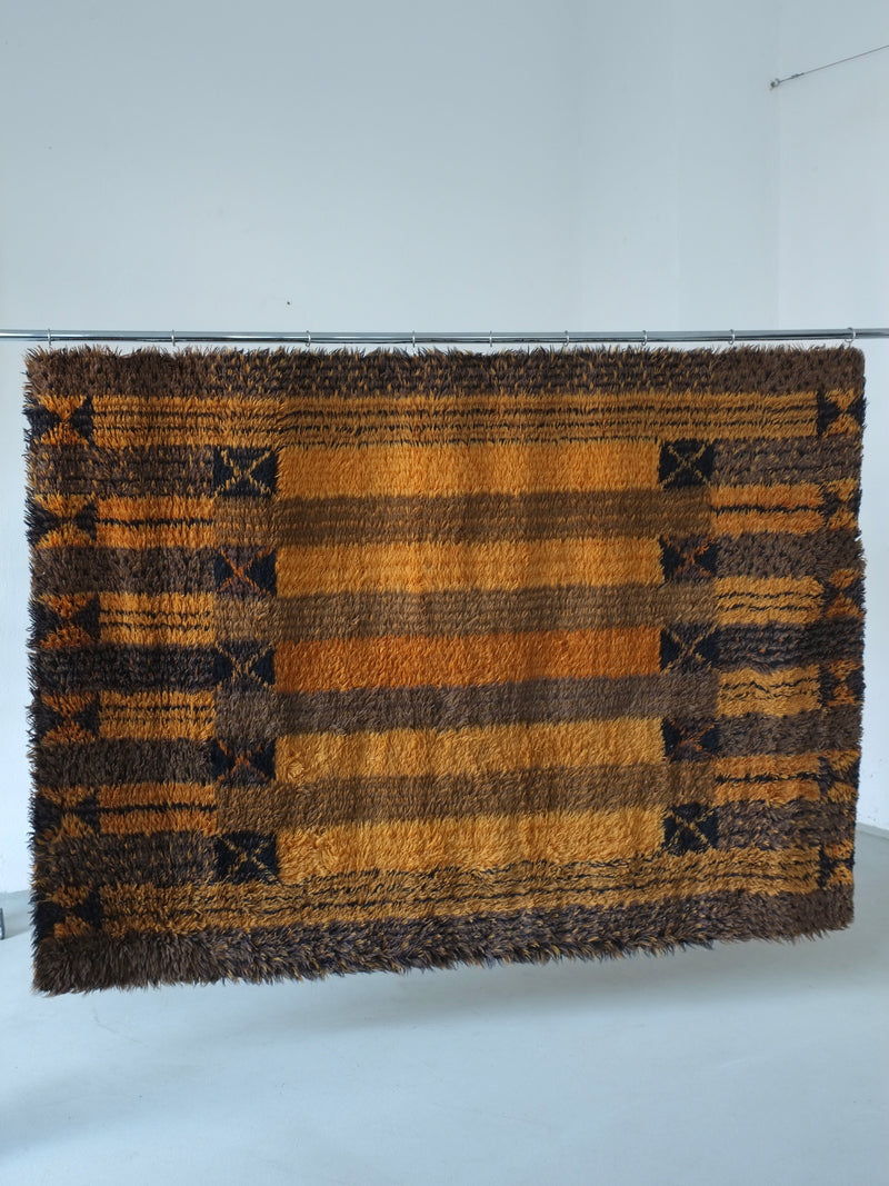 Large Scandinavian Brown Wool Rya Rug | Sweden | 1960s by Veter Vintage | The Oblist — handcrafted wool, brown tones