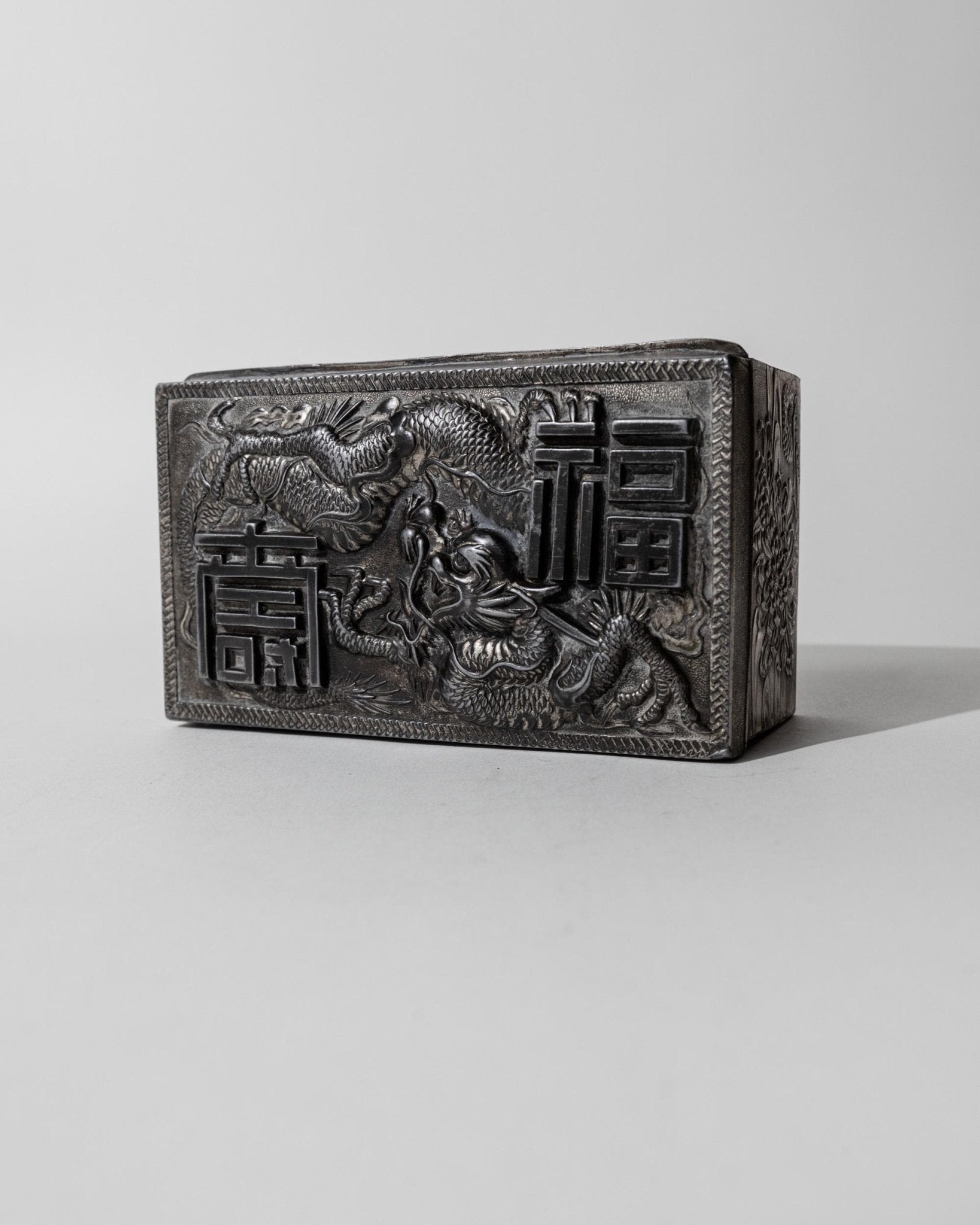 Vintage Early 19th Century Japanese Silver Plated Box Dragon Motif, Wood Inlay, Rare Jewelry or Cigarette Case, Antique Elegant Gift Idea — lifestyle setting