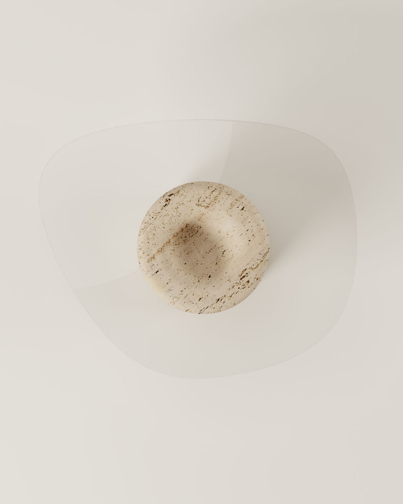 UUFO travertine coffee table detail view showing textured stone surface