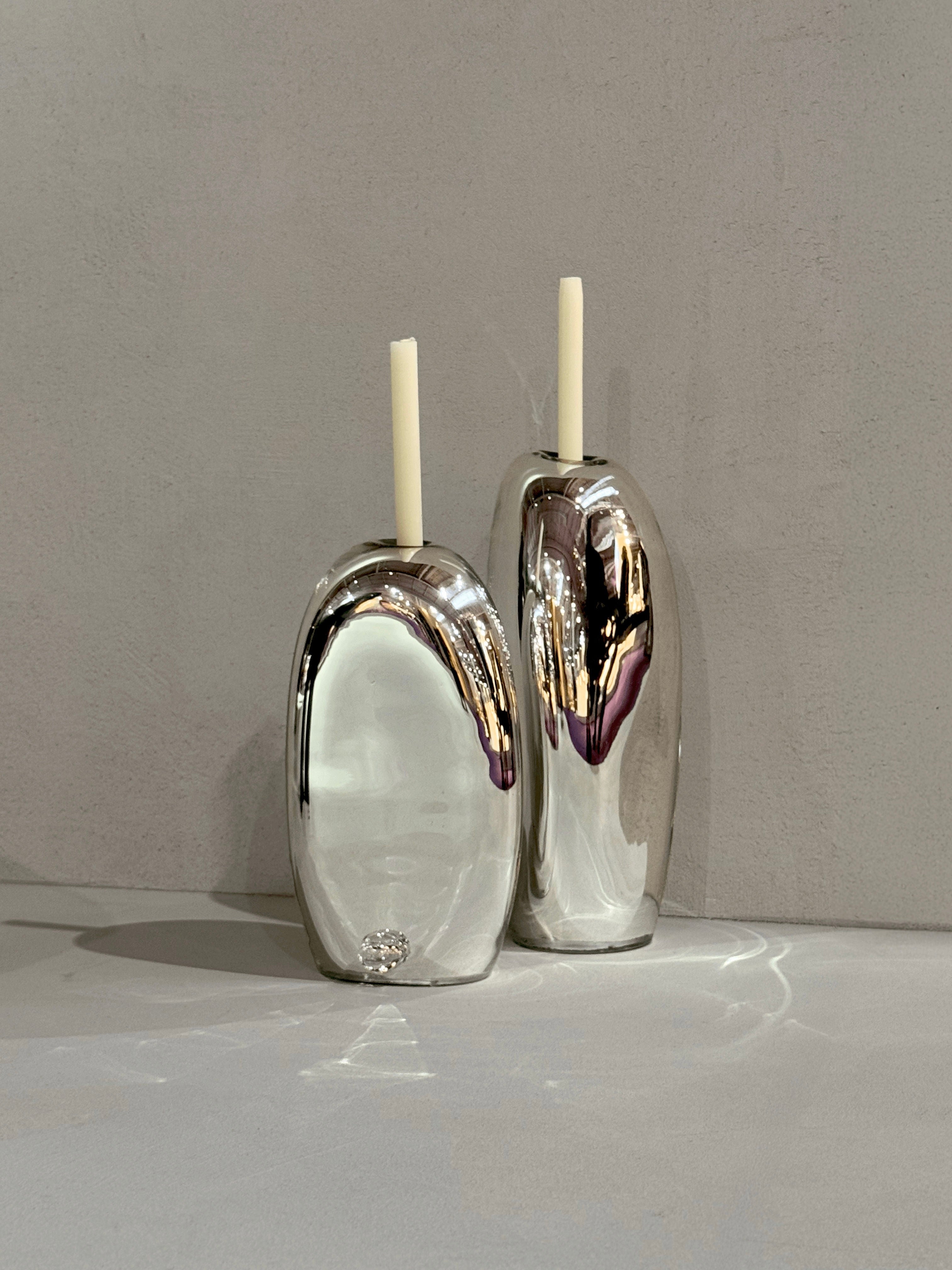 Lumos Candle Holders — back view of polished silver finish