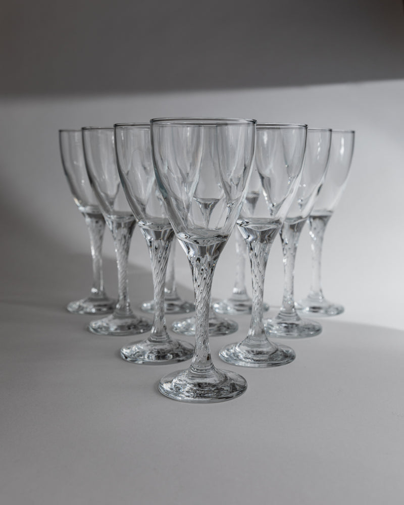 Set of ten vintage Italian wine glasses with twisted stems, 1980s