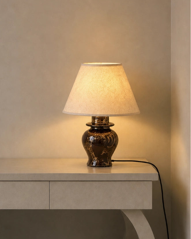 1950s French Vintage Ceramic Brown & Gold Table Lamp — detail view