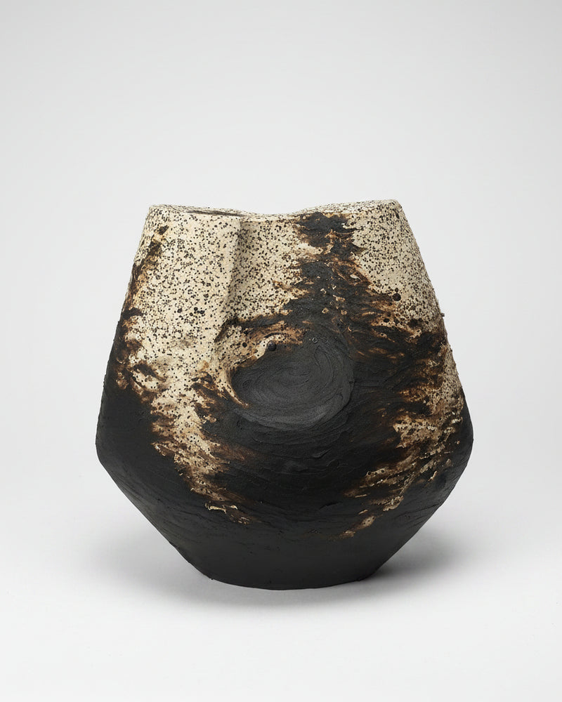 Modern Sculptural Earthwork Vessel by Beverly Morrison | The Oblist — ceramic, black and beige