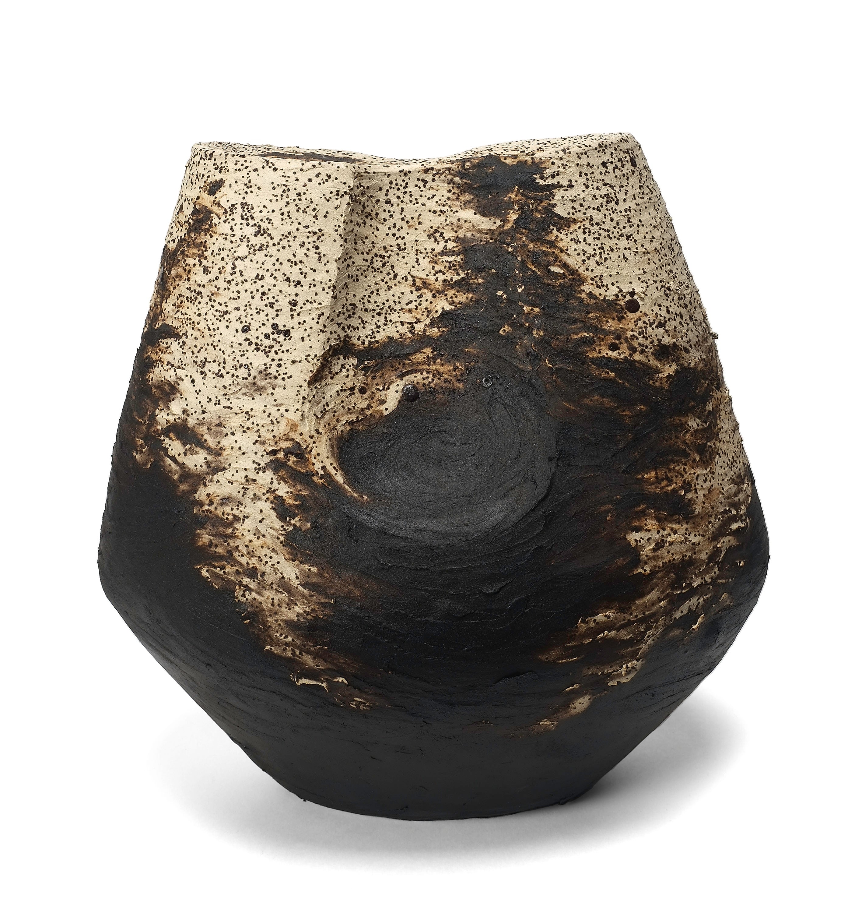 Modern Sculptural Earthwork Vessel by Beverly Morrison | The Oblist — ceramic, black and beige