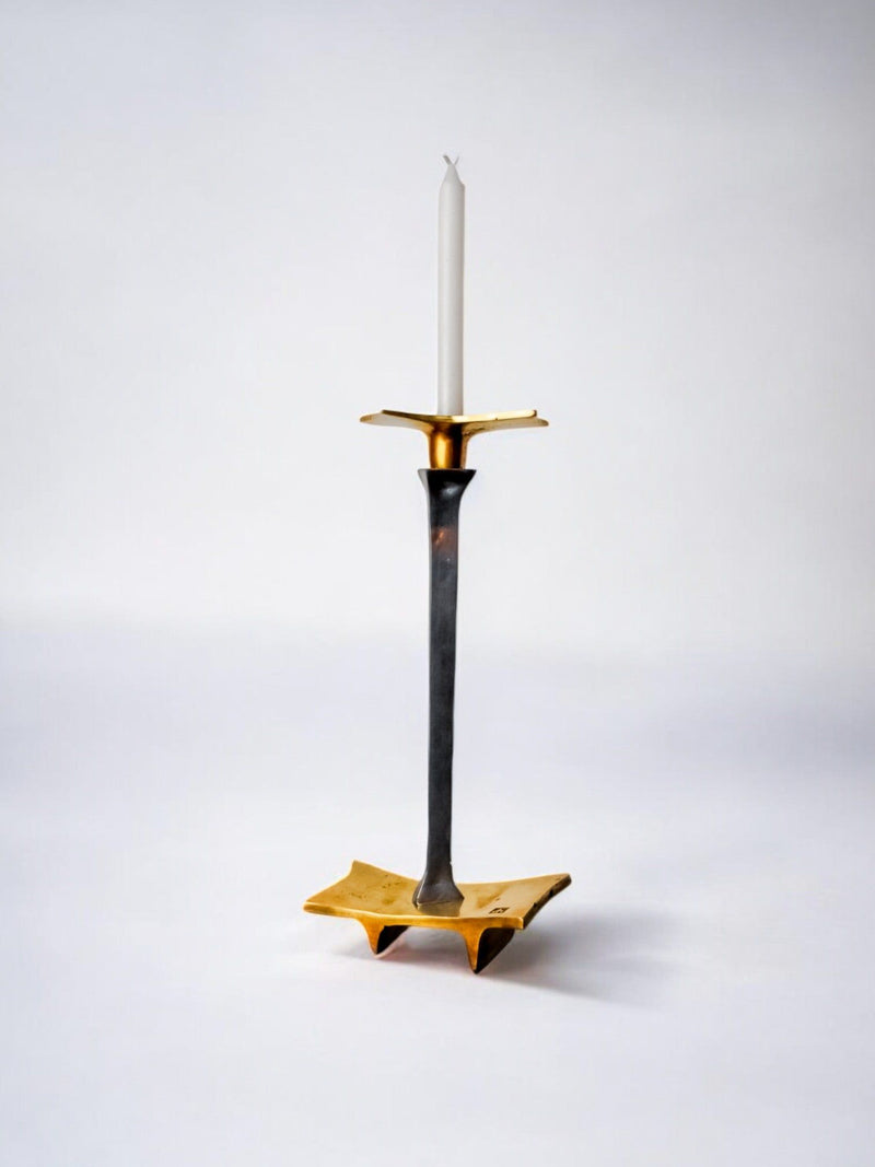 Brutalist Candleholder by David Marshall, 1970s — close-up of brass and metal details