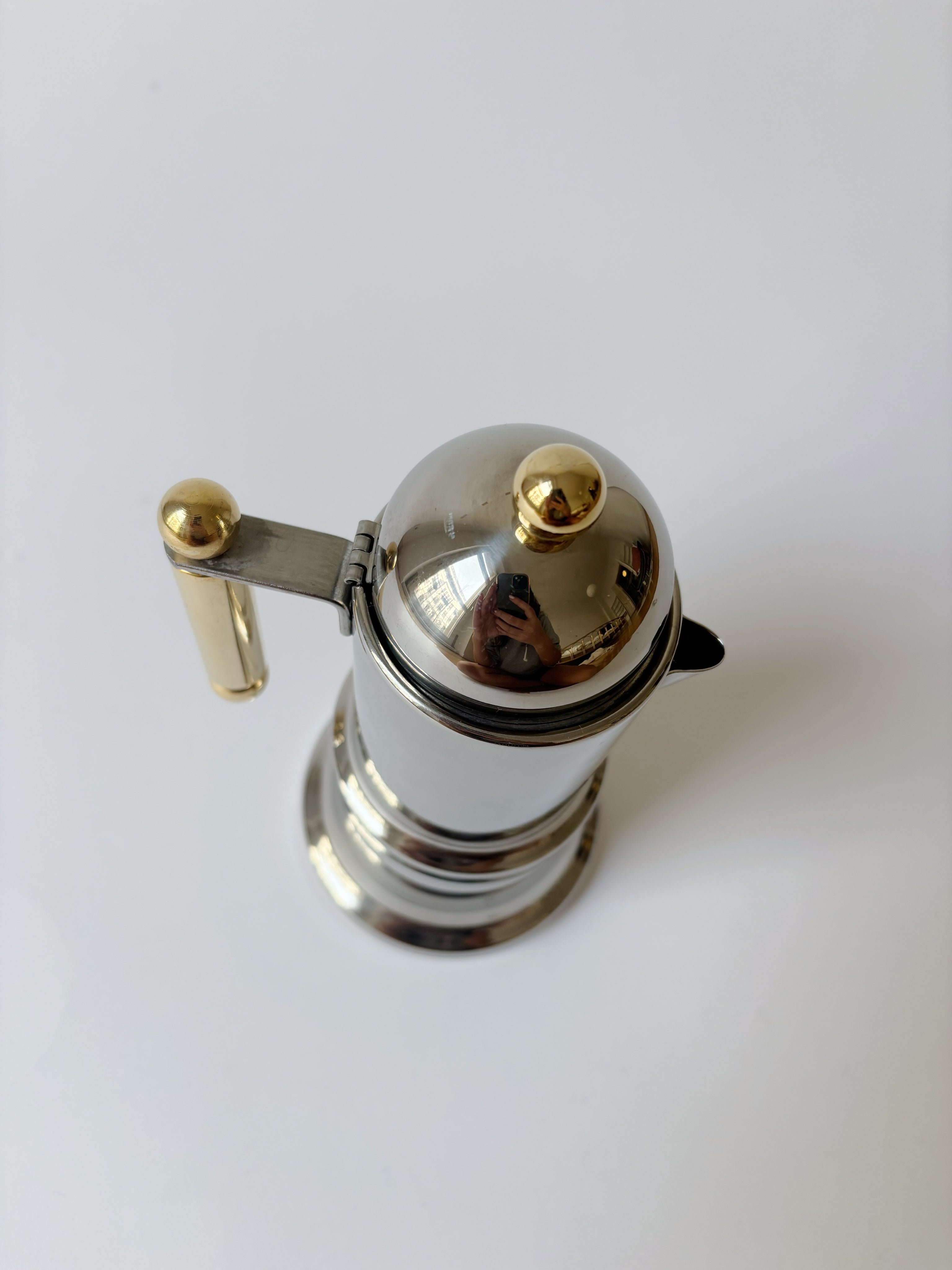 Kontessa Moka Pot, c. 1980's Italy — top view of polished metal finish