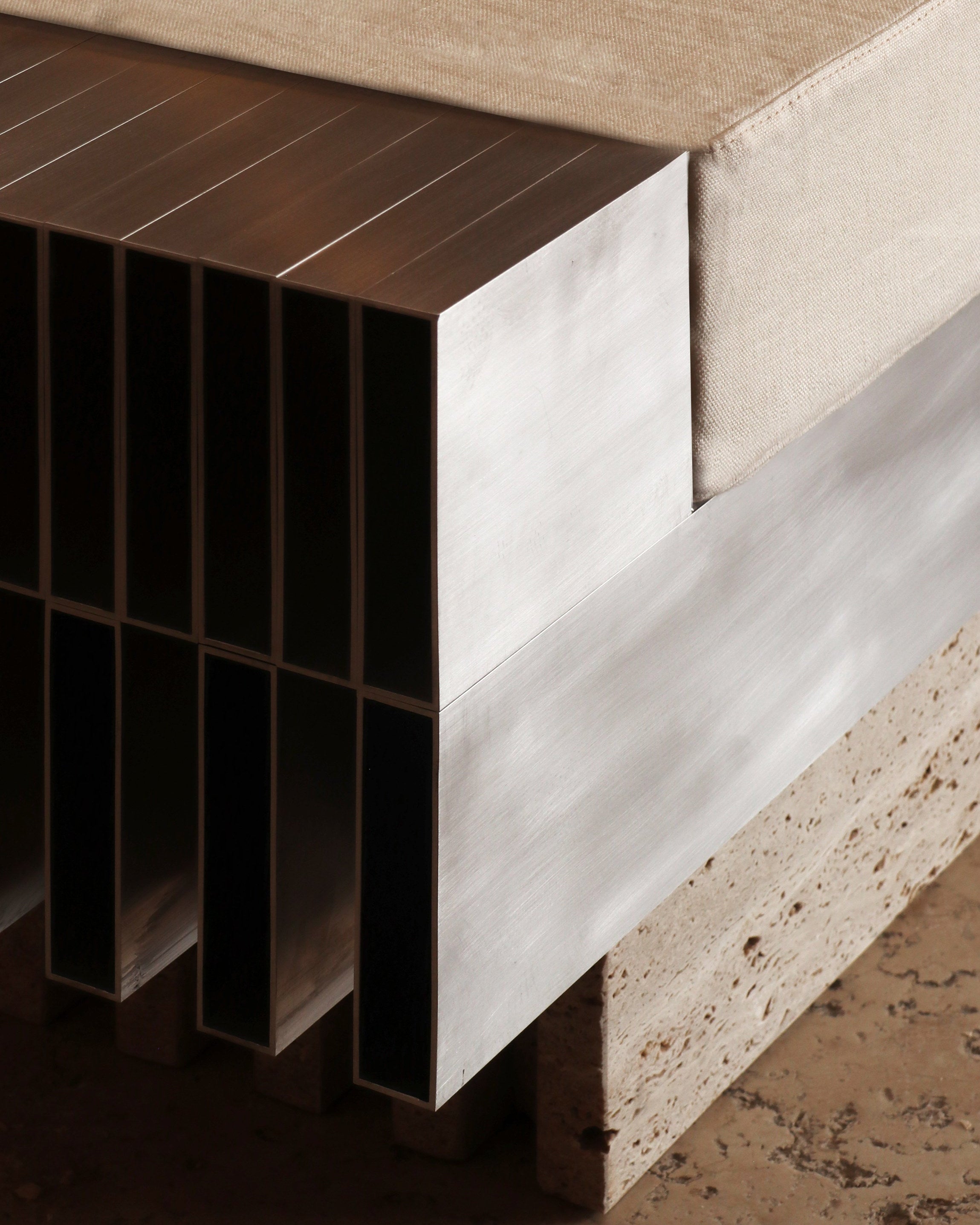 Piano ottoman construction detail showing corrugated cardboard core