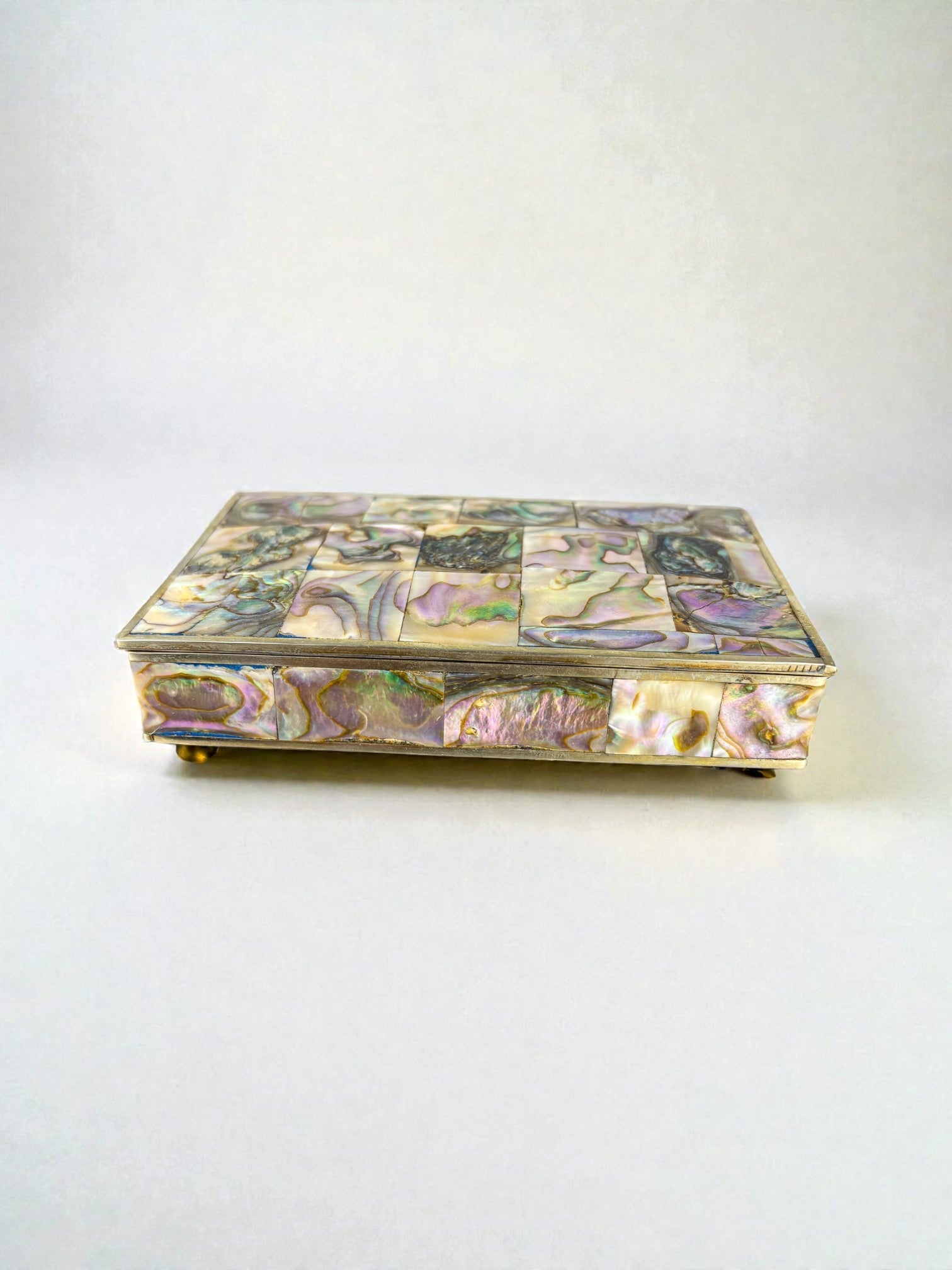 Abalone Shell Vanity Box, Alpaca and wood, Mexico, C.1970 — angled view highlighting iridescent shell detail