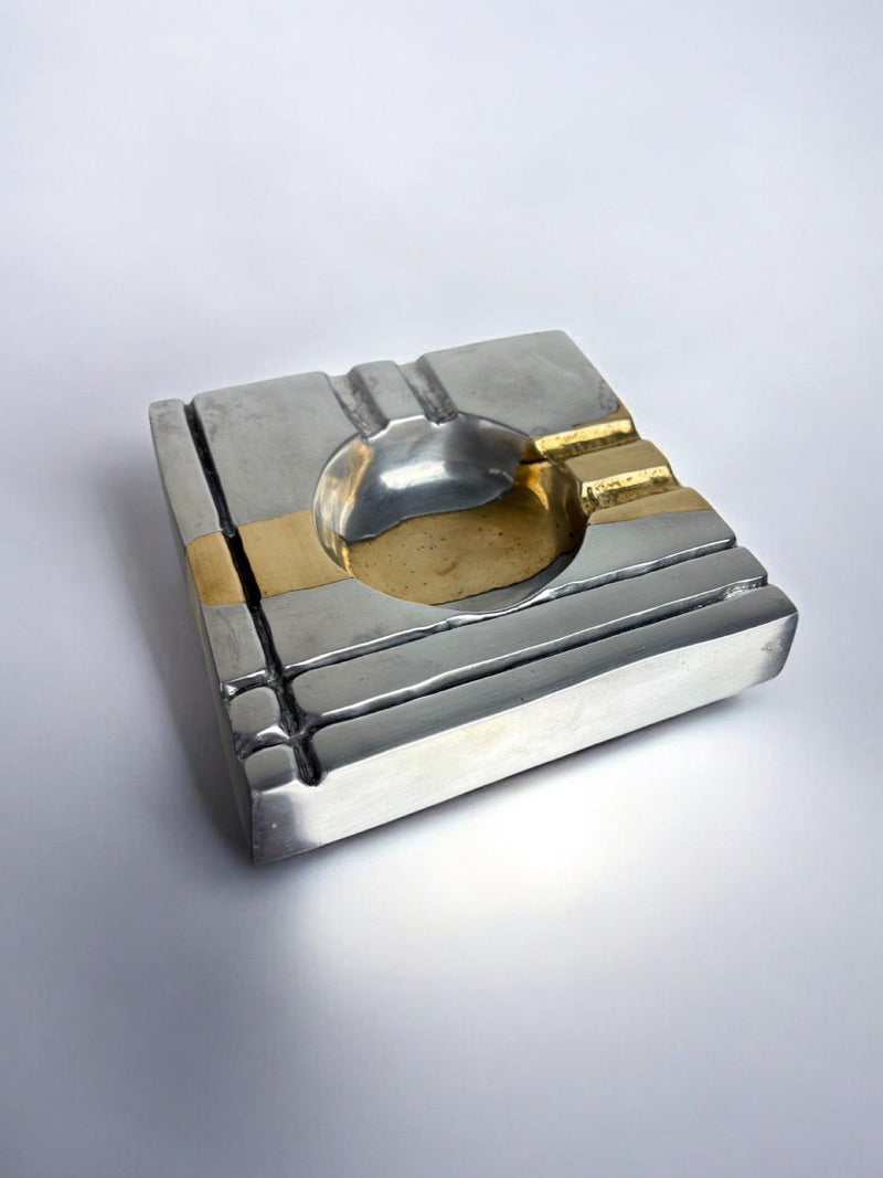 Brutalist Ashtray by Art3, Spain, 1970s — close-up of metallic surface with brass accents