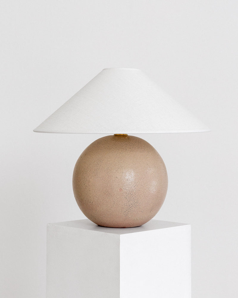 Spherical Modernist Ceramic Table Lamp, 1940s, Sweden by Spigel | The Oblist — handmade beige ceramic with white shade