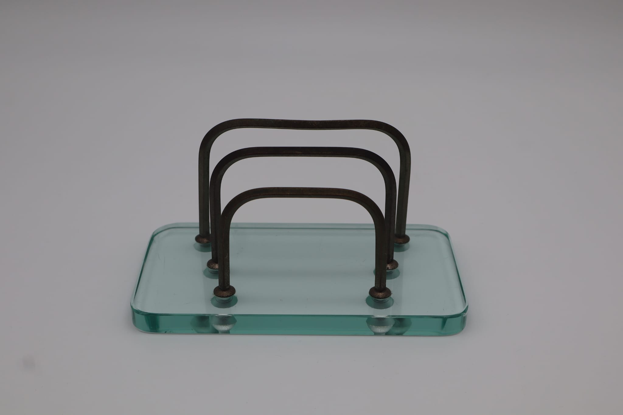 Mid-Century Modern Heavy Glass & Burnished Metal Letter Rack