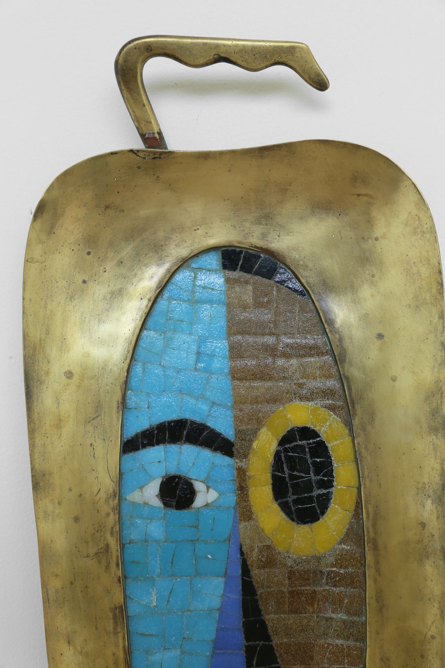 Face Mosaic Hanging, Salvador Teran — side angle showing brass and mosaic details