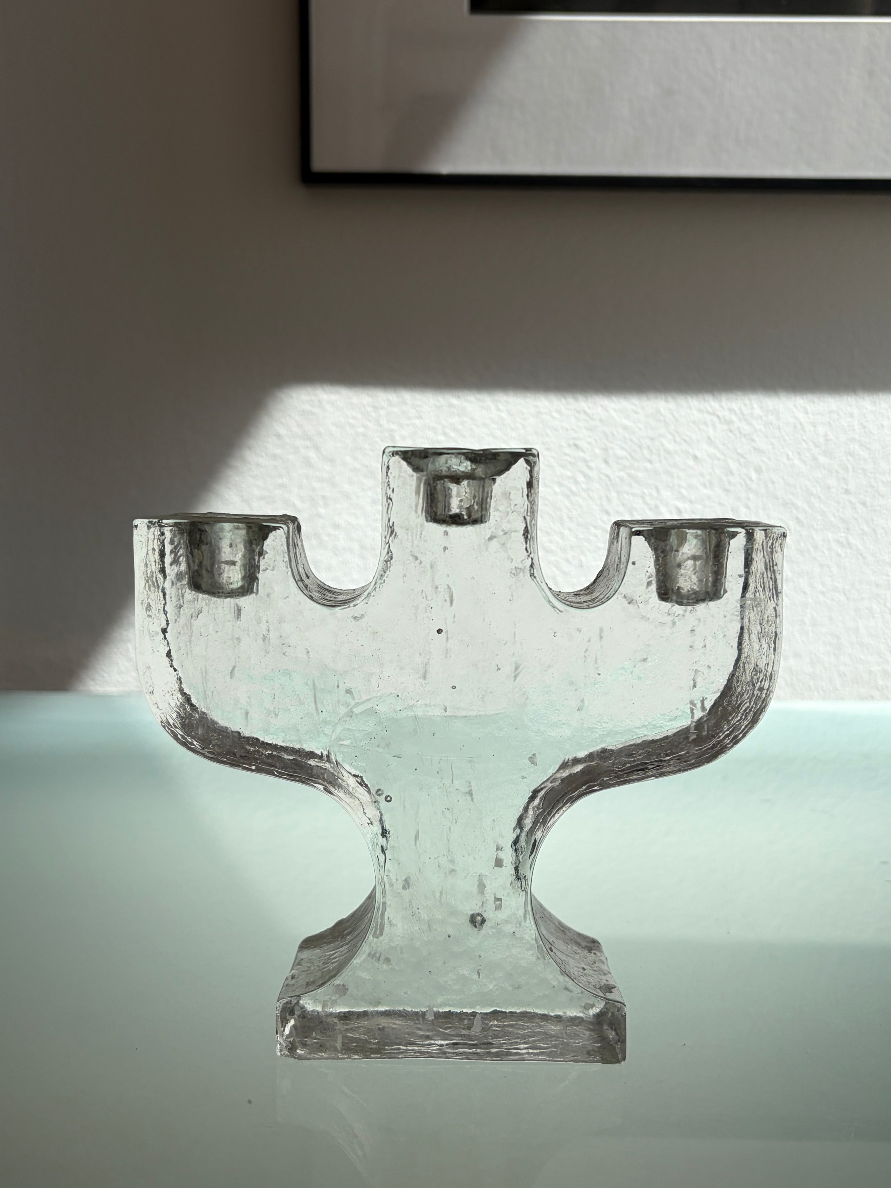 Brutalist Cast Glass Candelabra, Attributed to Pukeberg, Sweden, 1960s — side angle