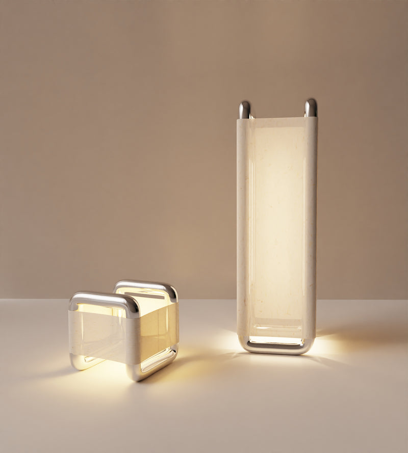 “Xoria” Floor Lamp | Stainless Steel Linen by Giselle Vanessa Johnson | The Oblist — modern design, linen shade