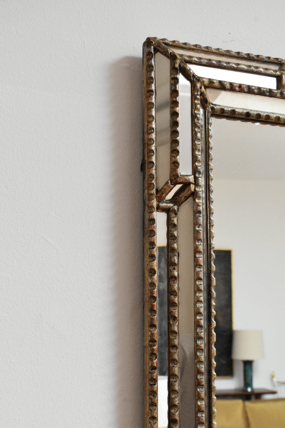 Giltwood and Patinated-wood Mirror, 1940s — side angle showing detailed frame texture