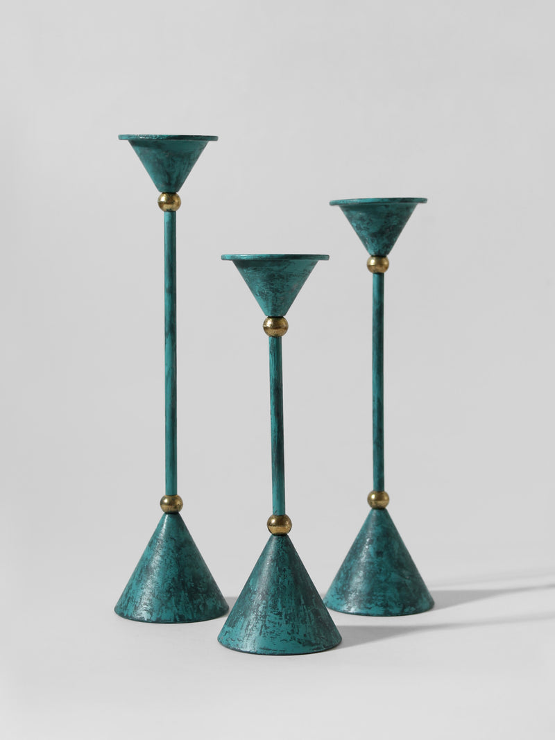 Memphis Design Metal Candle Holders Set, 1980s by Vintage Stories | The Oblist — turquoise metal finish