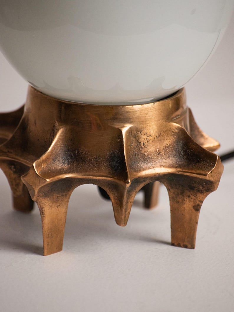 Brutalist Table Lamp, Tripod Cast Metal Base, Opaline Glass Globe Shade, 1970s — detail view