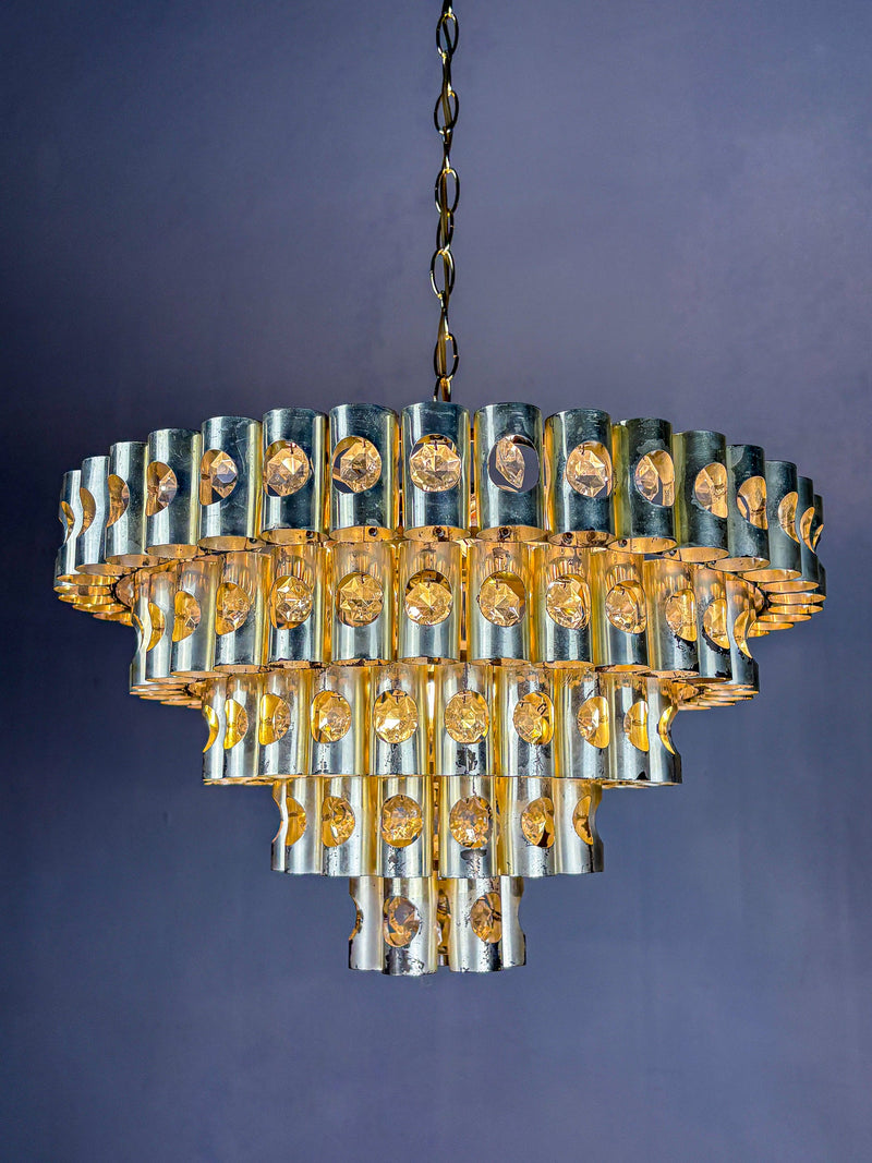 Gaetano Sciolari 5-Tier chandelier, brass & crystal, Italy, 1970s by Malamar Studio | The Oblist