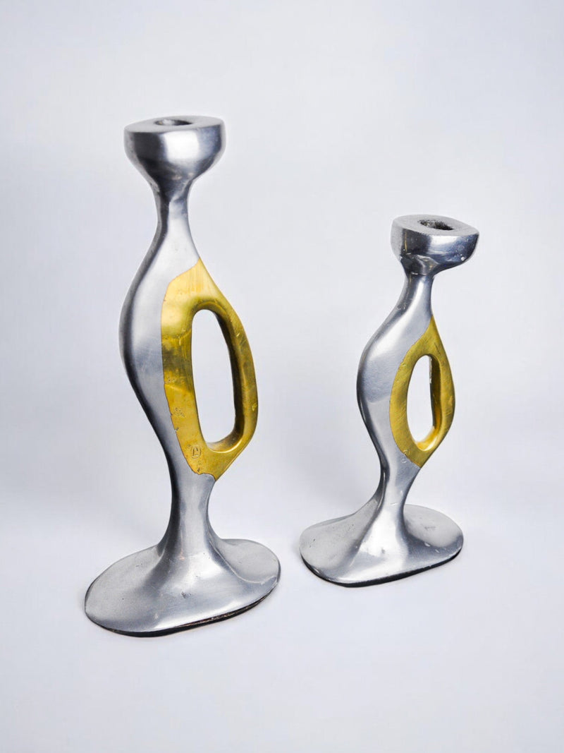 Brutalist Candle Holders by Léopold Spain, 1970 | The Oblist — metallic finish, vintage design
