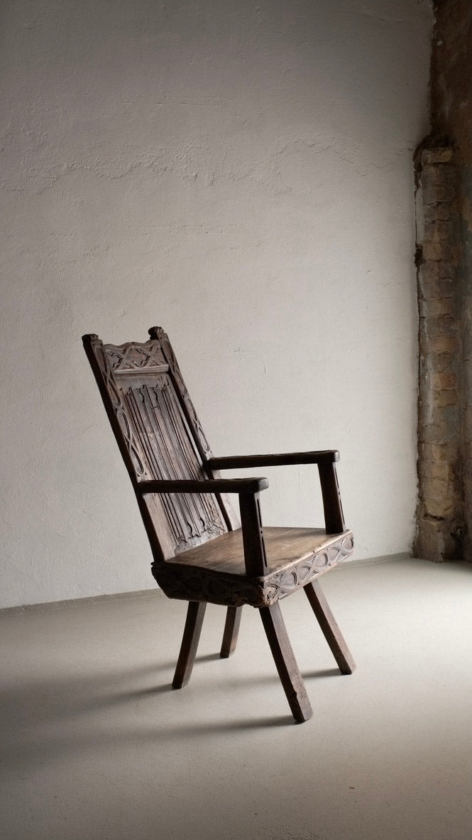 Antique Primitive Carved Oak Arm Chair, Belgium — side view highlighting carved wooden details