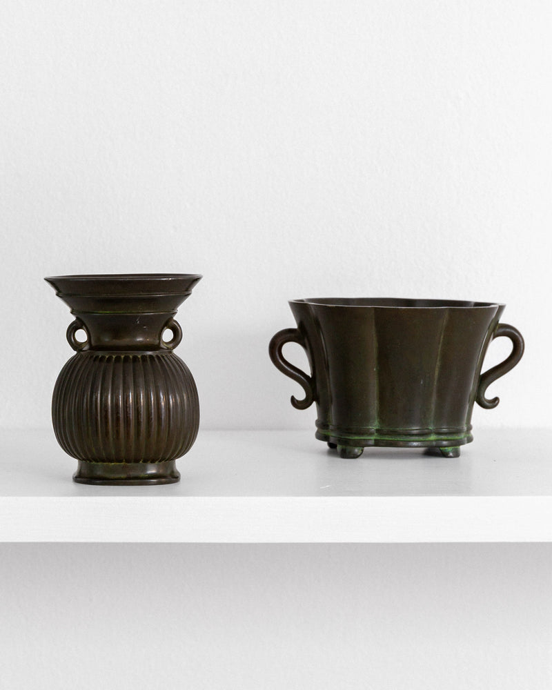 Art Deco Miniature Jardiniere by Just Andersen, Denmark, 1930s — close-up of dark bronze finish on shelf