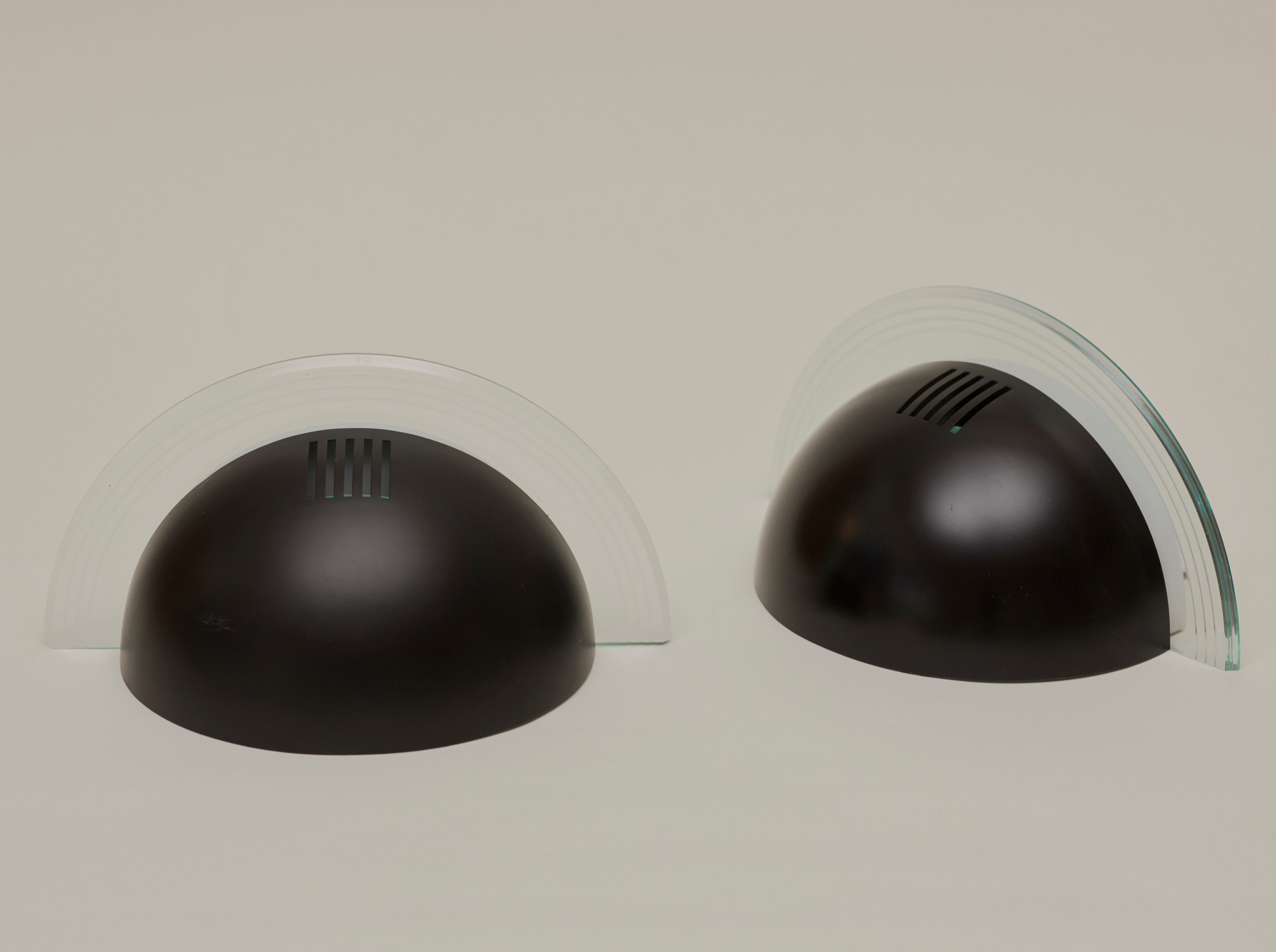 Set of 2 Vintage German Postmodern Wall Lights Circa 1980 — close-up of black metal and glass detail