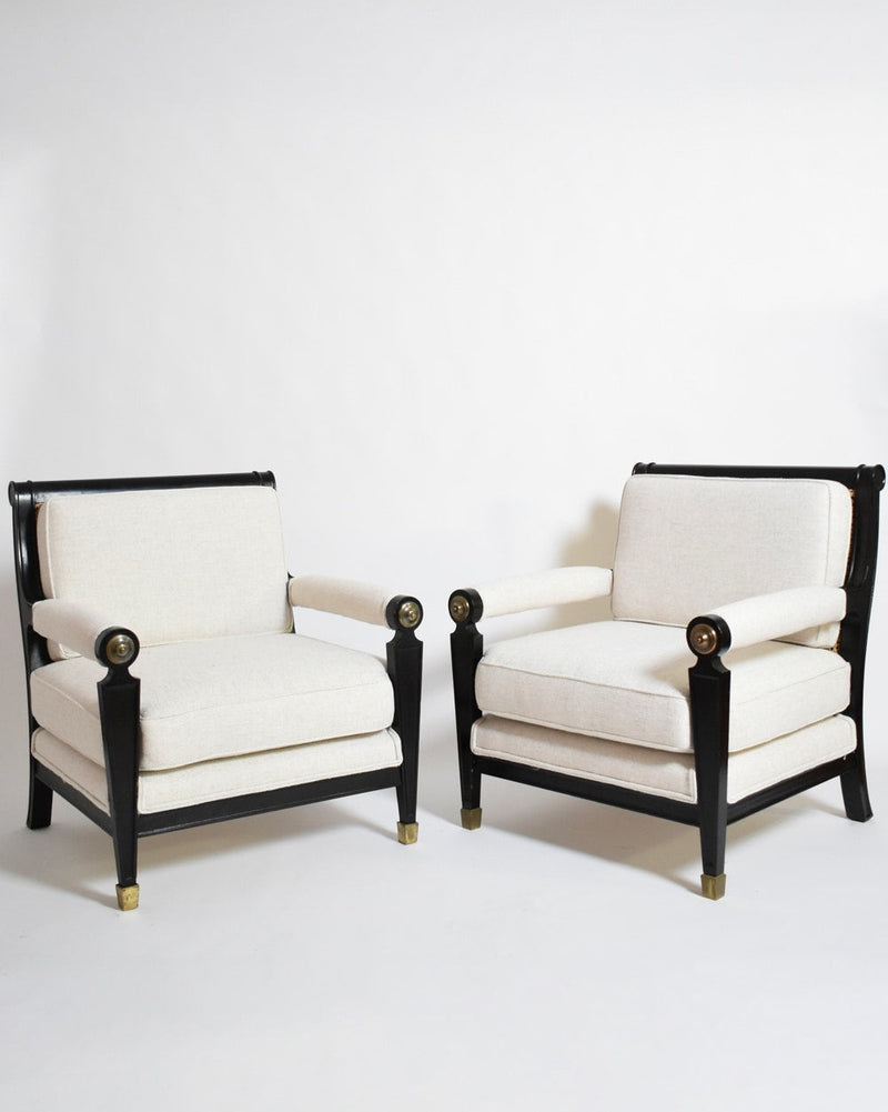Pair of neoclassical ebonised wood and caning armchairs, 1960s by Barracuda Interiors | The Oblist — vintage ebonised wood, n