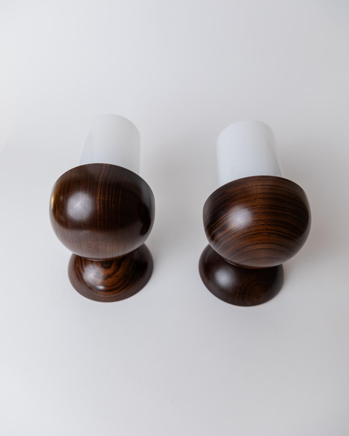 Vintage 1960s Wall Lamps Set of 2, Dark Wood with White Glass Shades, Mid Century Modern Lighting, Sculptural Wall Sconces — alternate view