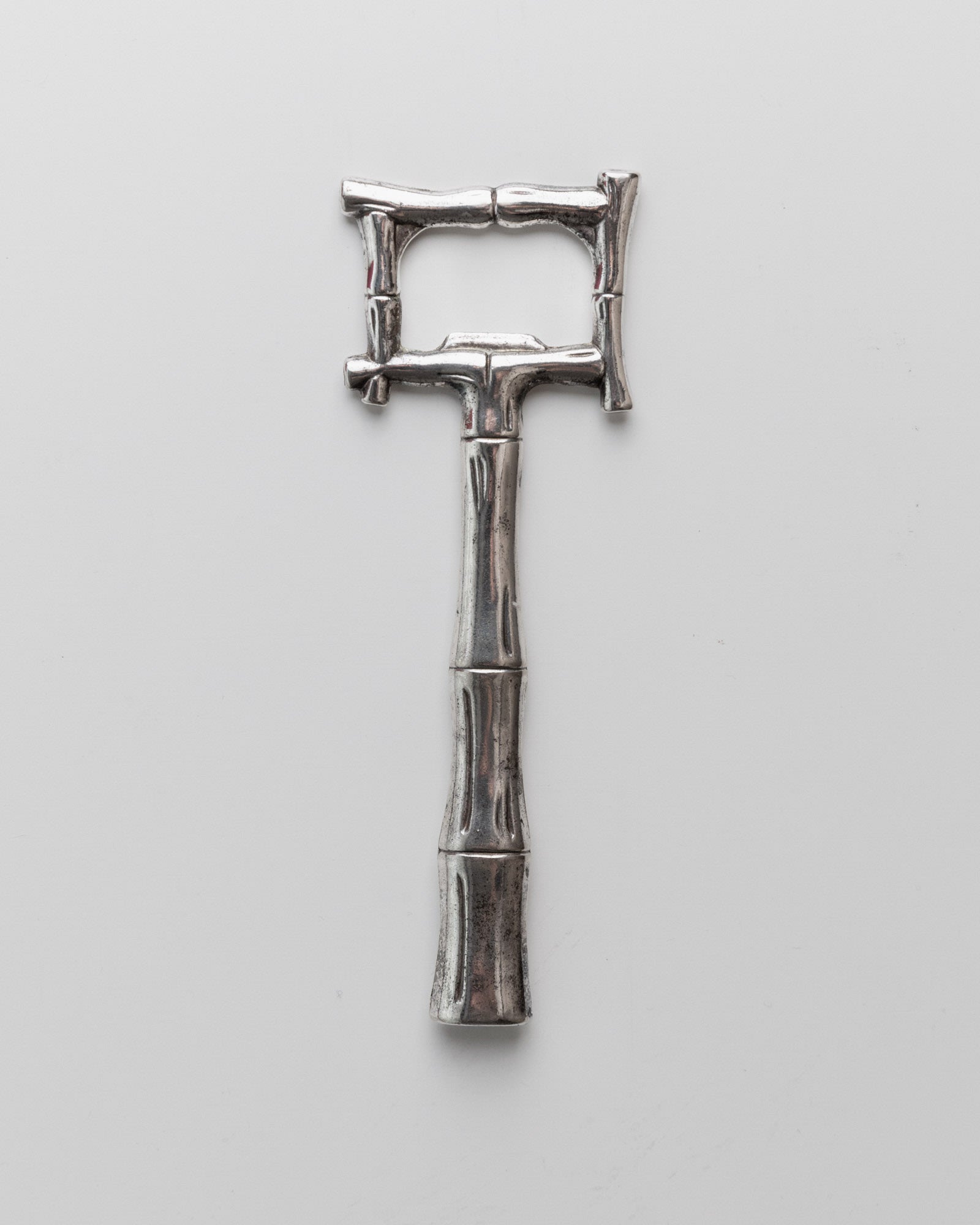 Vintage 1970s Silver Plated Bottle Opener, Bamboo Design — top view on white background