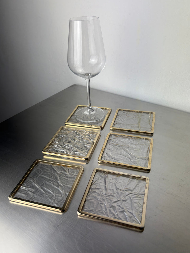 Ice Effect Lucite Coasters, Set of 6, Italy, circa 1970s by Malamar Studio | The Oblist — clear material with gold trim