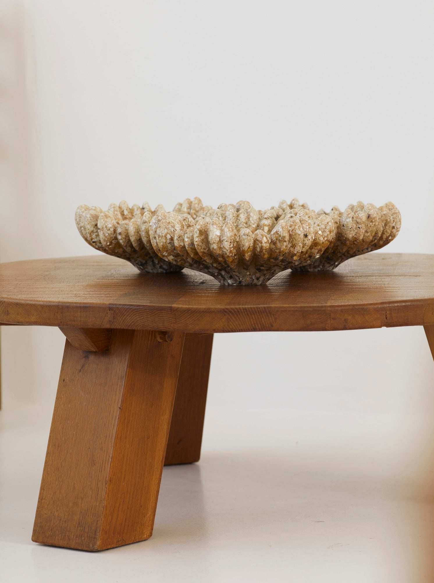 Spectacular 1960S French Set Of Cast Resin, Shell and Metal Inclusion Artisanal Sculptures — top view on wooden table