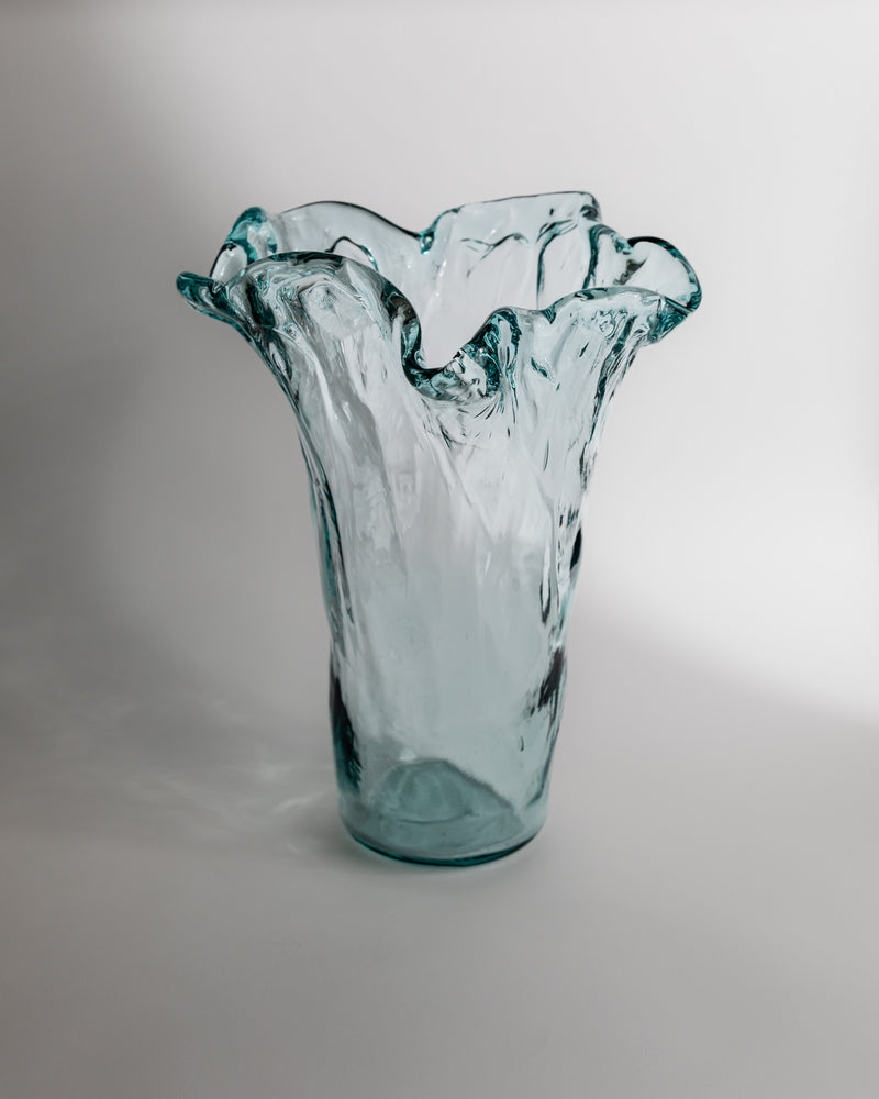 Aqua Murano glass vase with ruffled rim detail, 1970s vintage